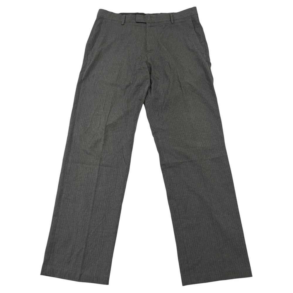 Haggar Men's Gray Striped Flat Front Stretch Straight Leg Dress Pants Size 34x32